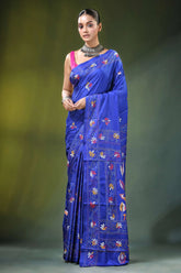 Royal blue nature theme hand embroidery silk kantha saree vibrant 6