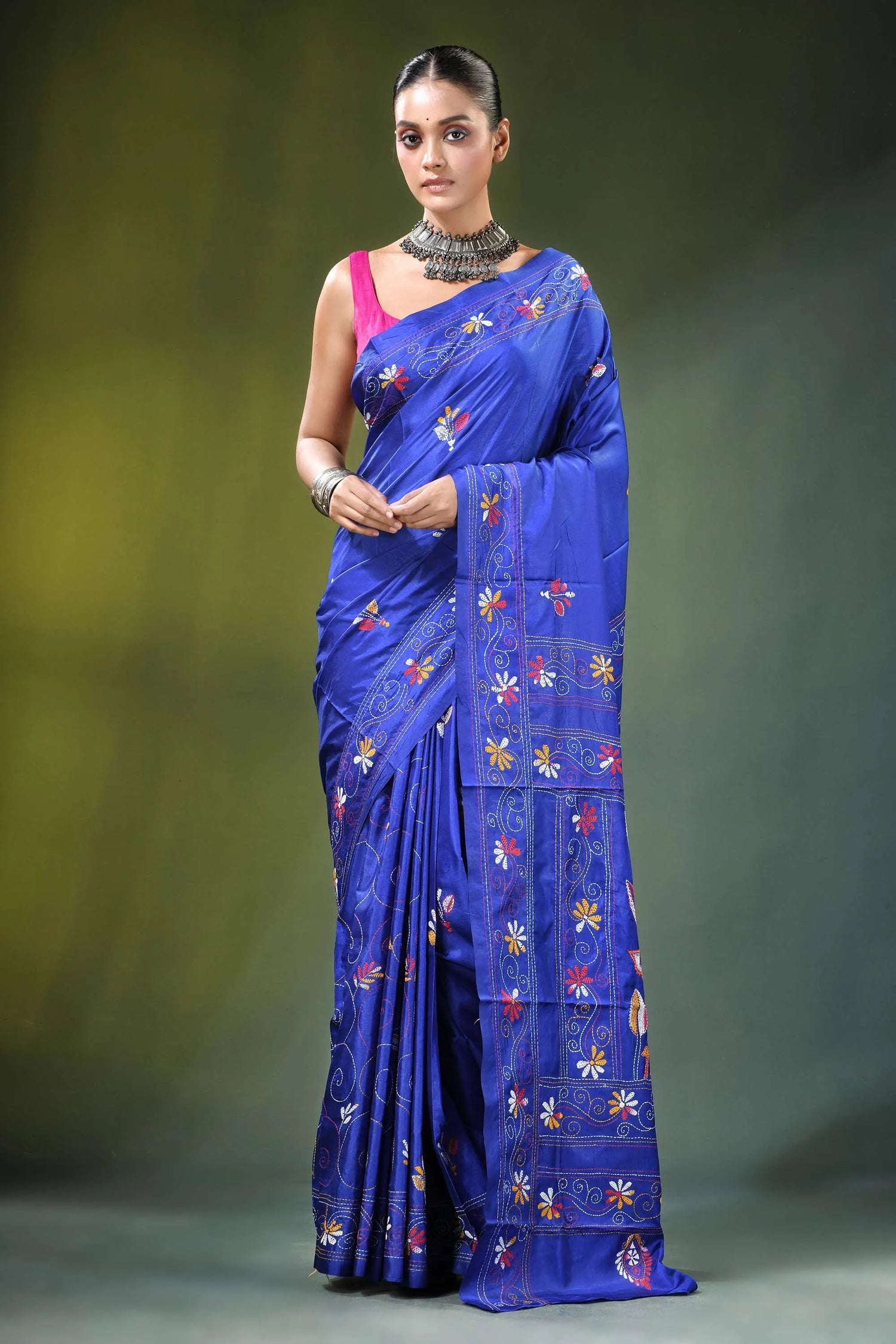 Royal blue nature theme hand embroidery silk kantha saree vibrant 1