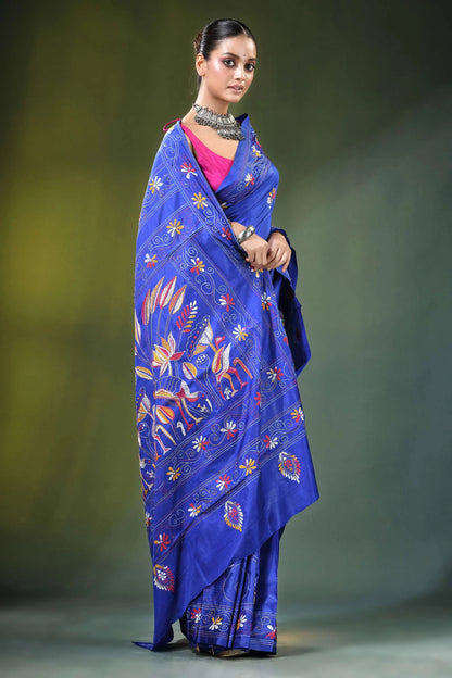 Royal blue nature theme hand embroidery silk kantha saree vibrant adorned 4