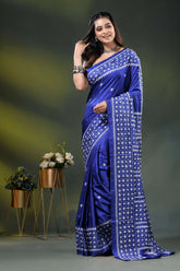 Royal blue silk gujarati stitch saree with handcrafted ethnic design 6