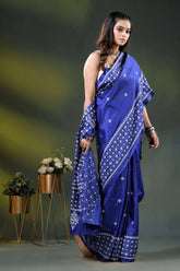 Royal blue silk gujarati stitch saree with handcrafted ethnic design 4