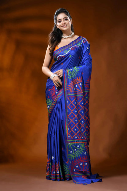 Royal blue silk gujarati stitch saree with multicolor ethnic design 6