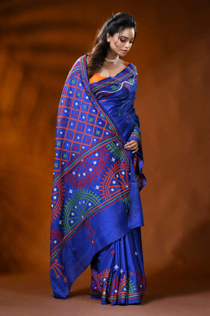 Royal blue silk gujarati stitch saree with multicolor ethnic design 7