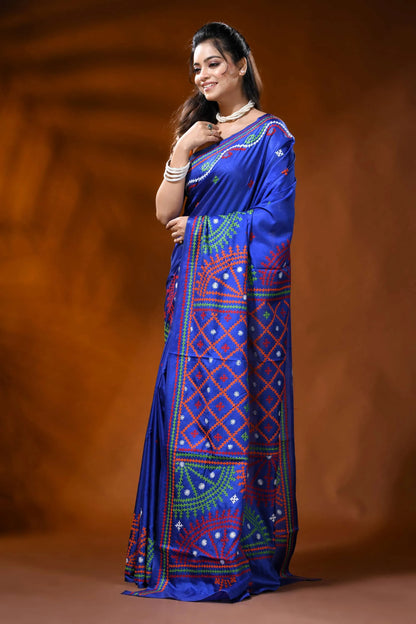 Royal blue silk gujarati stitch saree with multicolor ethnic design 3