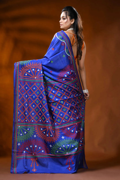 Royal blue silk gujarati stitch saree with multicolor ethnic design 4