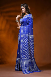 Royal blue silk gujrati stitch saree with chevron design mirror work 3