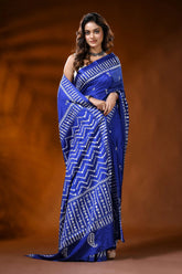 Royal blue silk gujrati stitch saree with chevron design mirror work 4