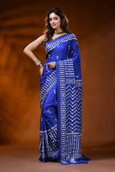 Royal blue silk gujrati stitch saree with chevron design mirror work 1