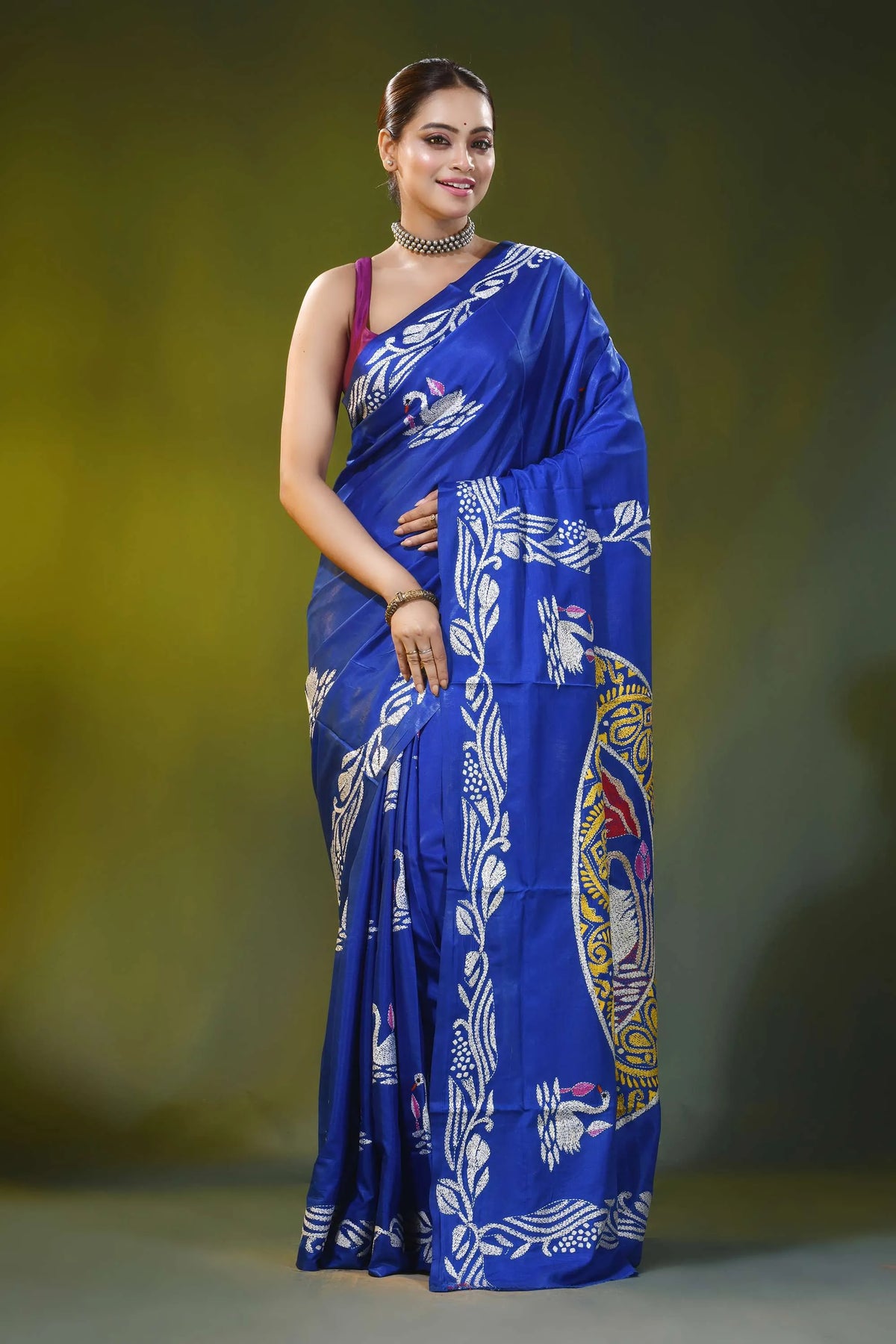 Royal blue silk kantha saree with hand embroidered swan lotus motif 7
