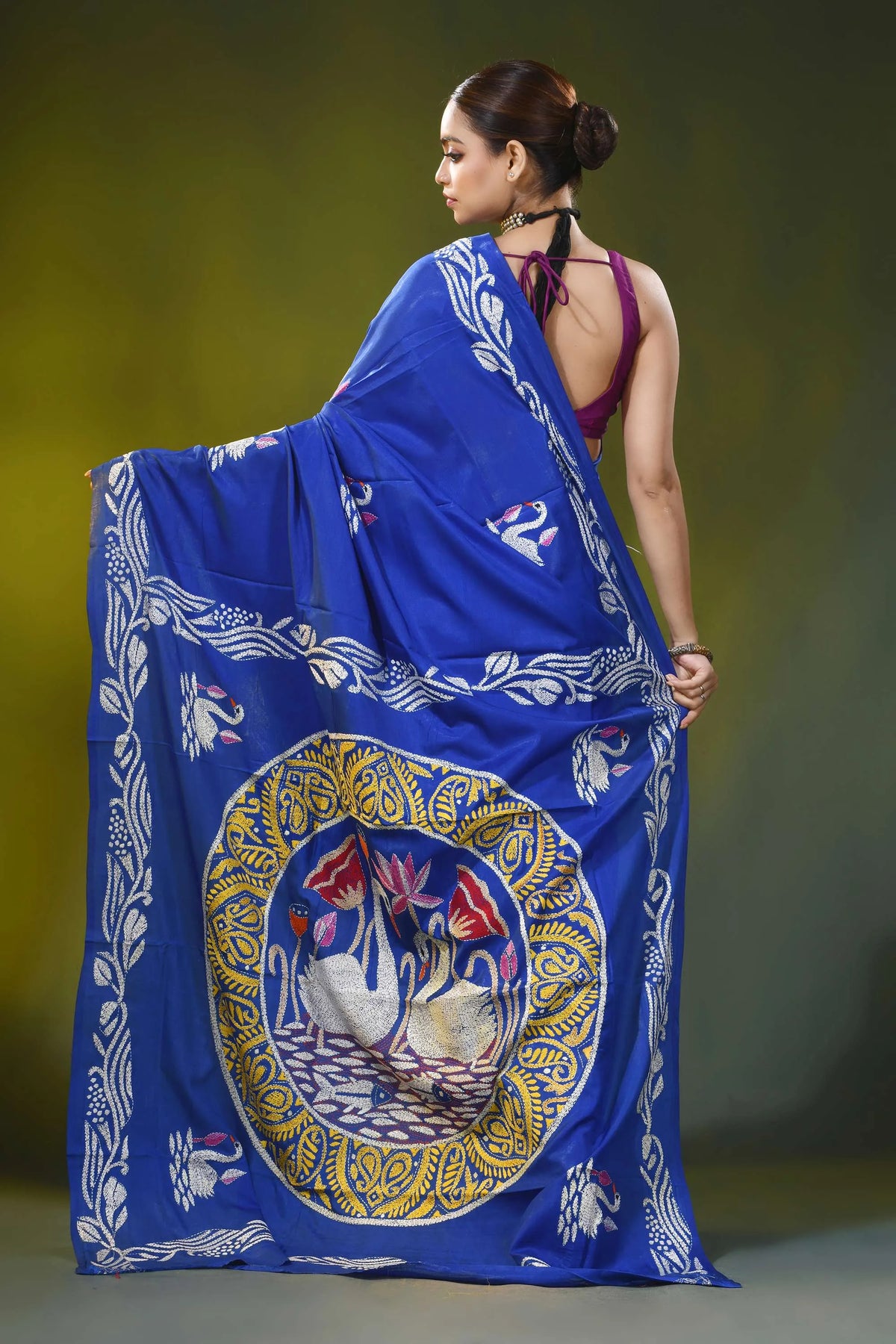 Royal blue silk kantha saree with hand embroidered swan lotus motif 4