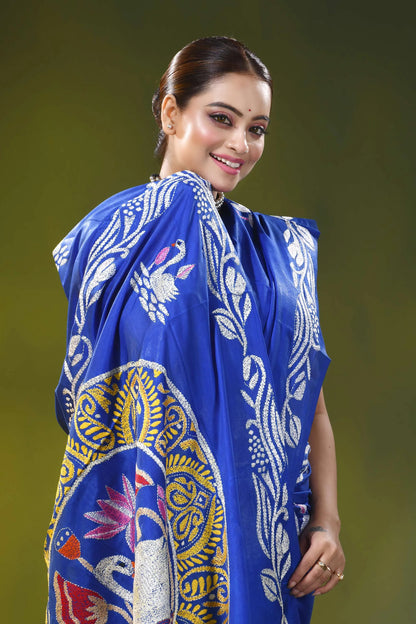 Royal blue silk kantha saree with hand embroidered swan lotus motif 2