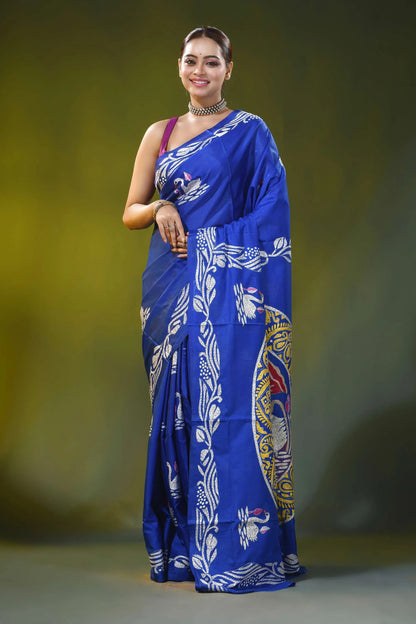 Royal blue silk kantha saree with hand embroidered swan lotus motif 1