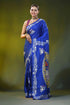 Royal blue silk kantha saree with hand embroidered swan lotus motif 1
