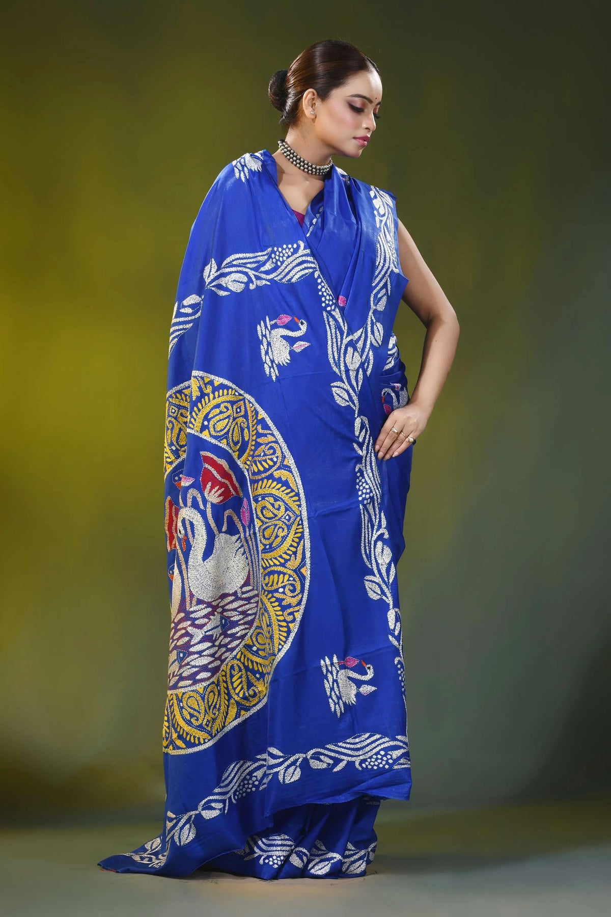Royal blue silk kantha saree with hand embroidered swan lotus motif 5