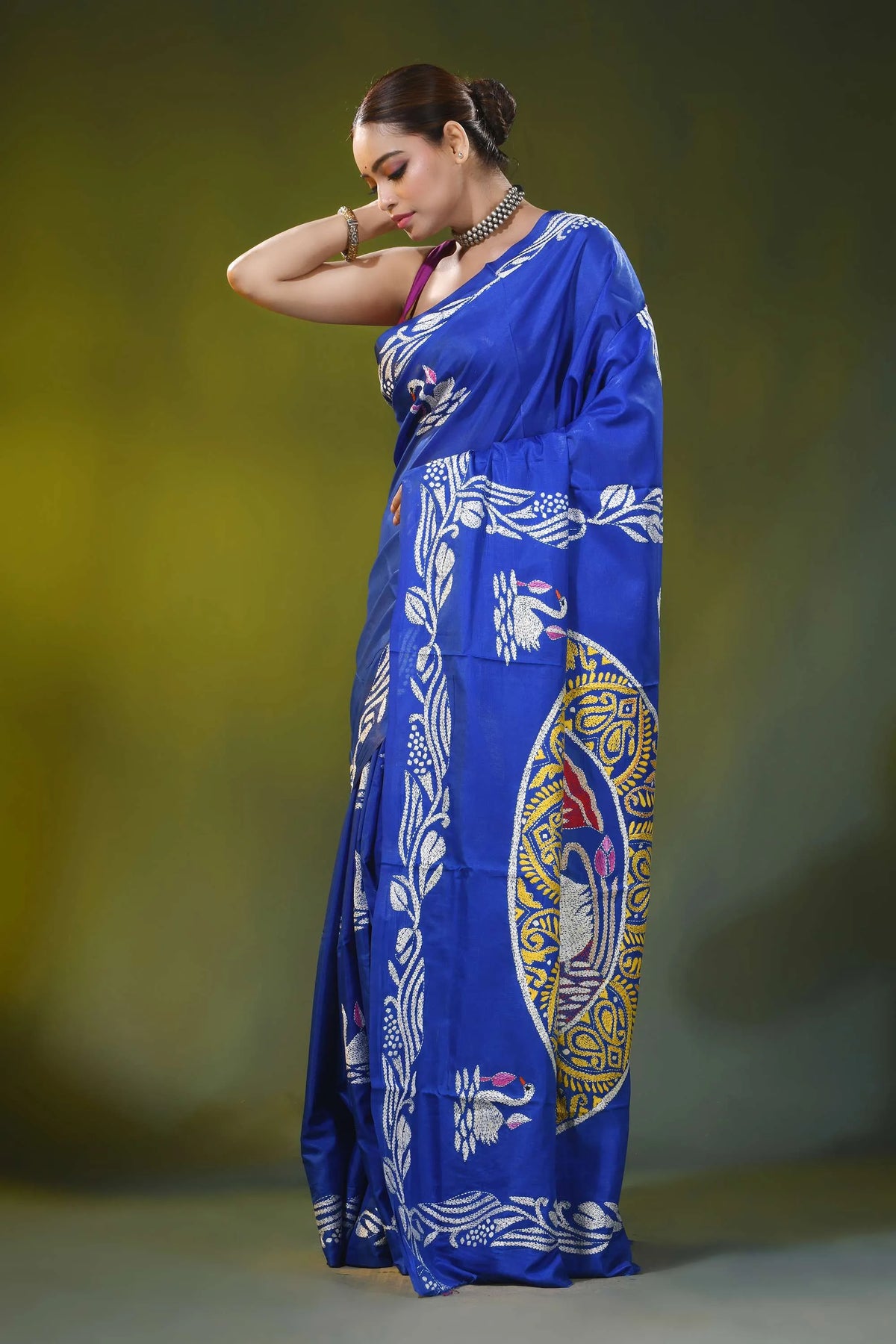 Royal blue silk kantha saree with hand embroidered swan lotus motif 3