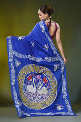 Royal blue silk kantha saree with hand embroidered swan lotus motif 6