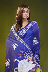 Royal blue silk kantha saree with hand embroidered swan motif 2