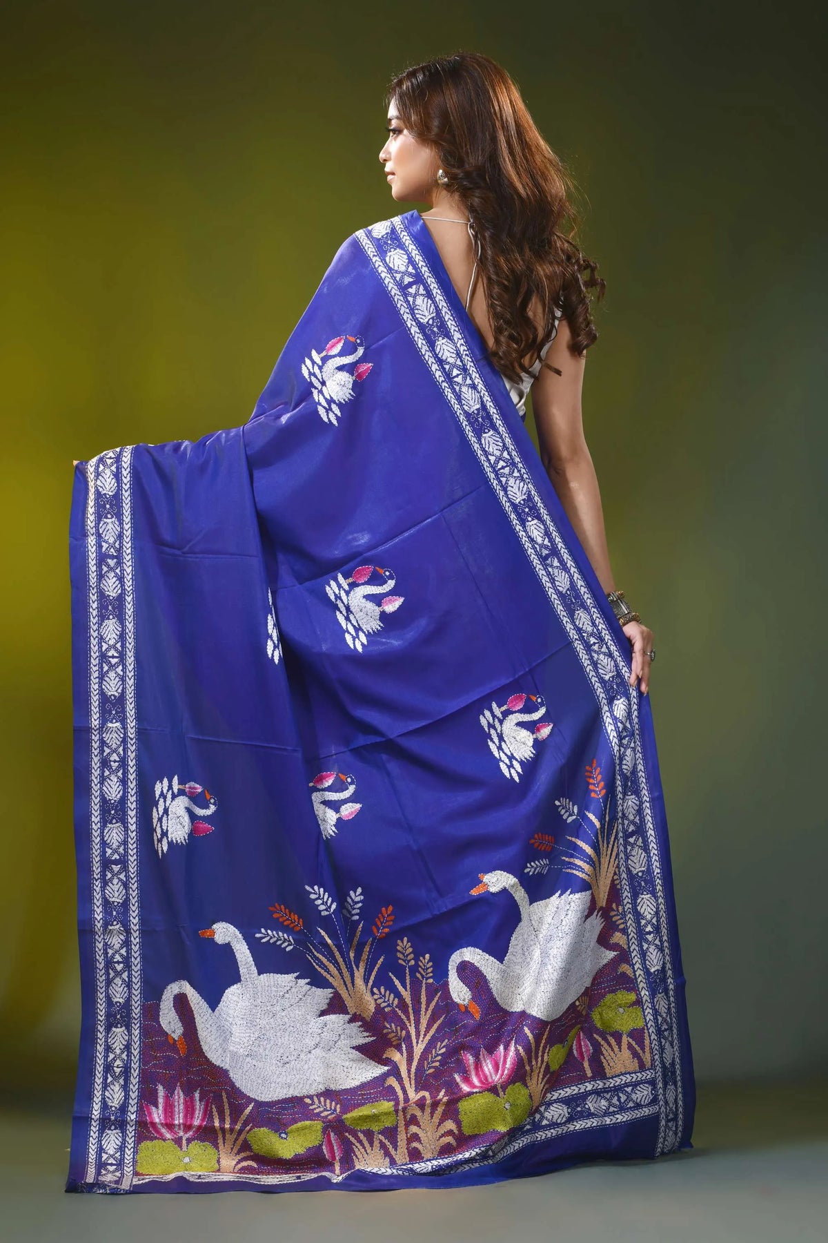 Royal blue silk kantha saree with hand embroidered swan motif 5