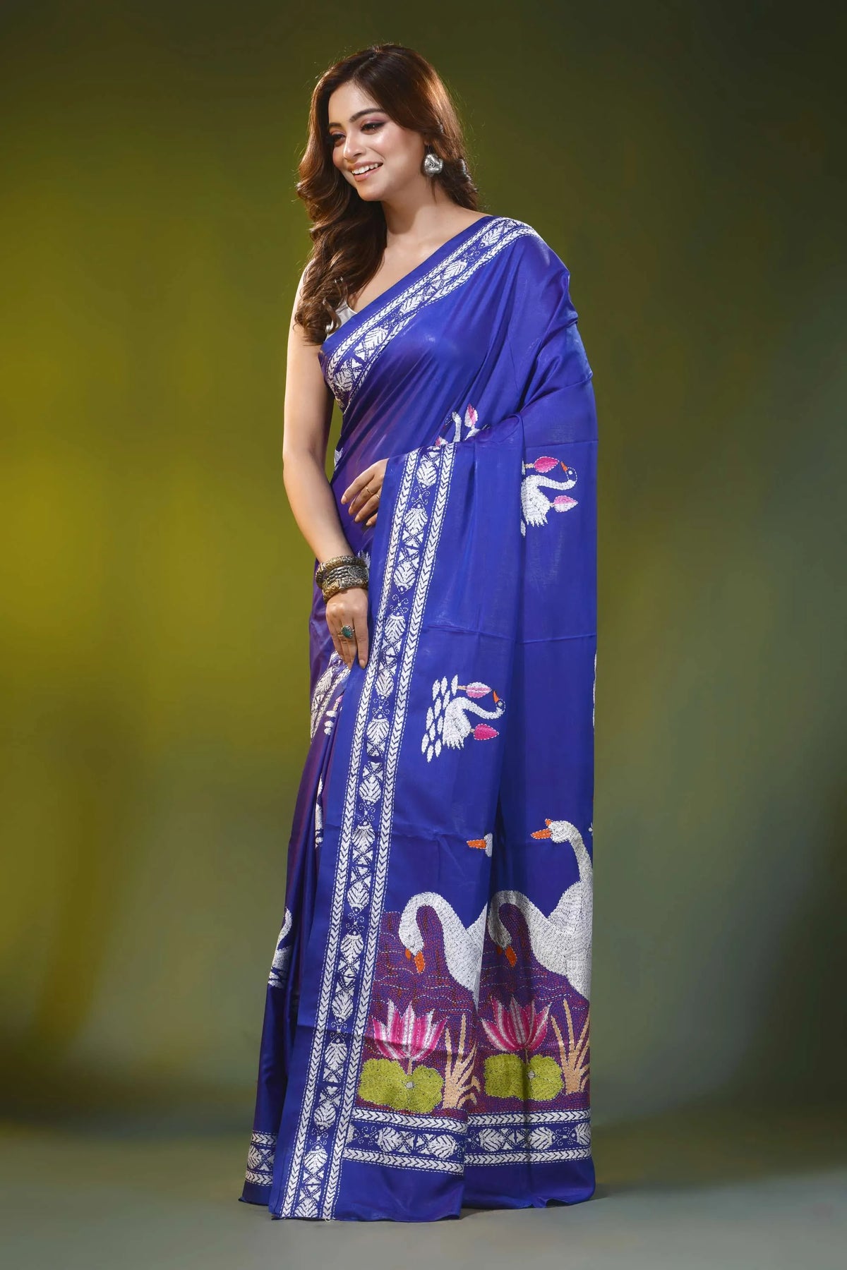 Royal blue silk kantha saree with hand embroidered swan motif 3