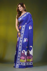 Royal blue silk kantha saree with hand embroidered swan motif 3