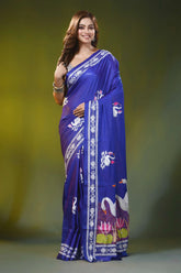 Royal blue silk kantha saree with hand embroidered swan motif 1