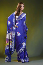 Royal blue silk kantha saree with hand embroidered swan motif 4