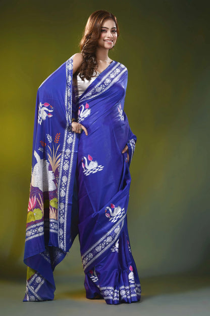 Royal blue silk kantha saree with hand embroidered swan motif 4