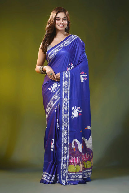 Royal blue silk kantha saree with hand embroidered swan motif 6