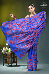 Royal blue silk kantha stitch saree with red thread floral design vibrant royal blue saree intricate 5