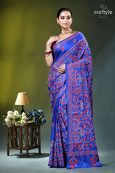 Royal blue silk kantha stitch saree with red thread floral design woman wears vibrant royal blue 6