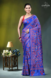 Royal blue silk kantha stitch saree with red thread floral design vibrant royal blue saree intricate 1