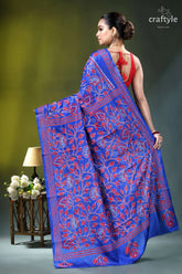 Royal blue silk kantha stitch saree with red thread floral design vibrant royal blue saree adorned 4