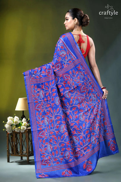 Royal blue silk kantha stitch saree with red thread floral design vibrant royal blue saree adorned 4