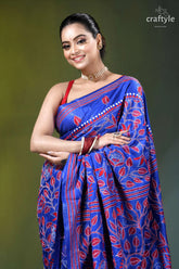 Royal blue silk kantha stitch saree with red thread floral design vibrant blue silk saree adorned 2