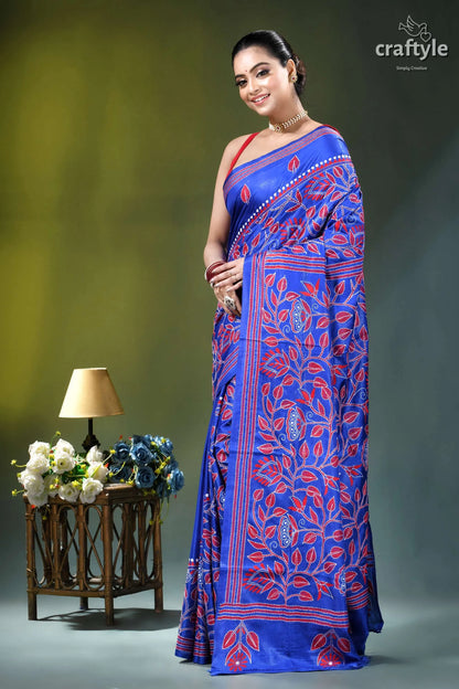 Royal blue silk kantha stitch saree with red thread floral design vibrant royal blue saree adorned 3
