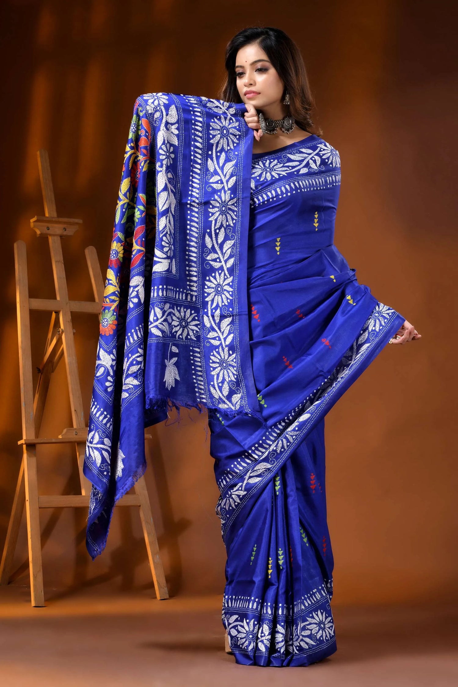 Royal blue silk kantha work saree hand embroidered floral design 4