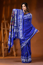 Royal blue silk kantha work saree hand embroidered floral design 4