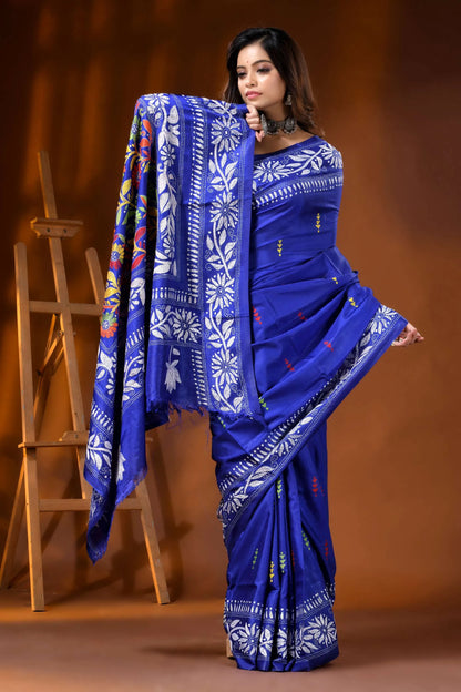 Royal blue silk kantha work saree hand embroidered floral design 4