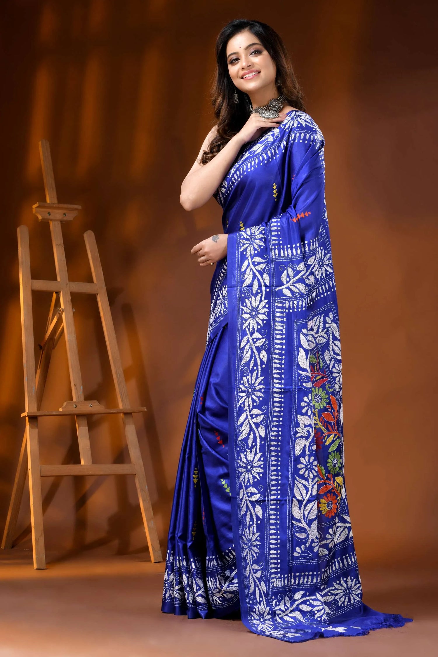 Royal blue silk kantha work saree hand embroidered floral design 3
