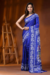 Royal blue silk kantha work saree hand embroidered floral design 1