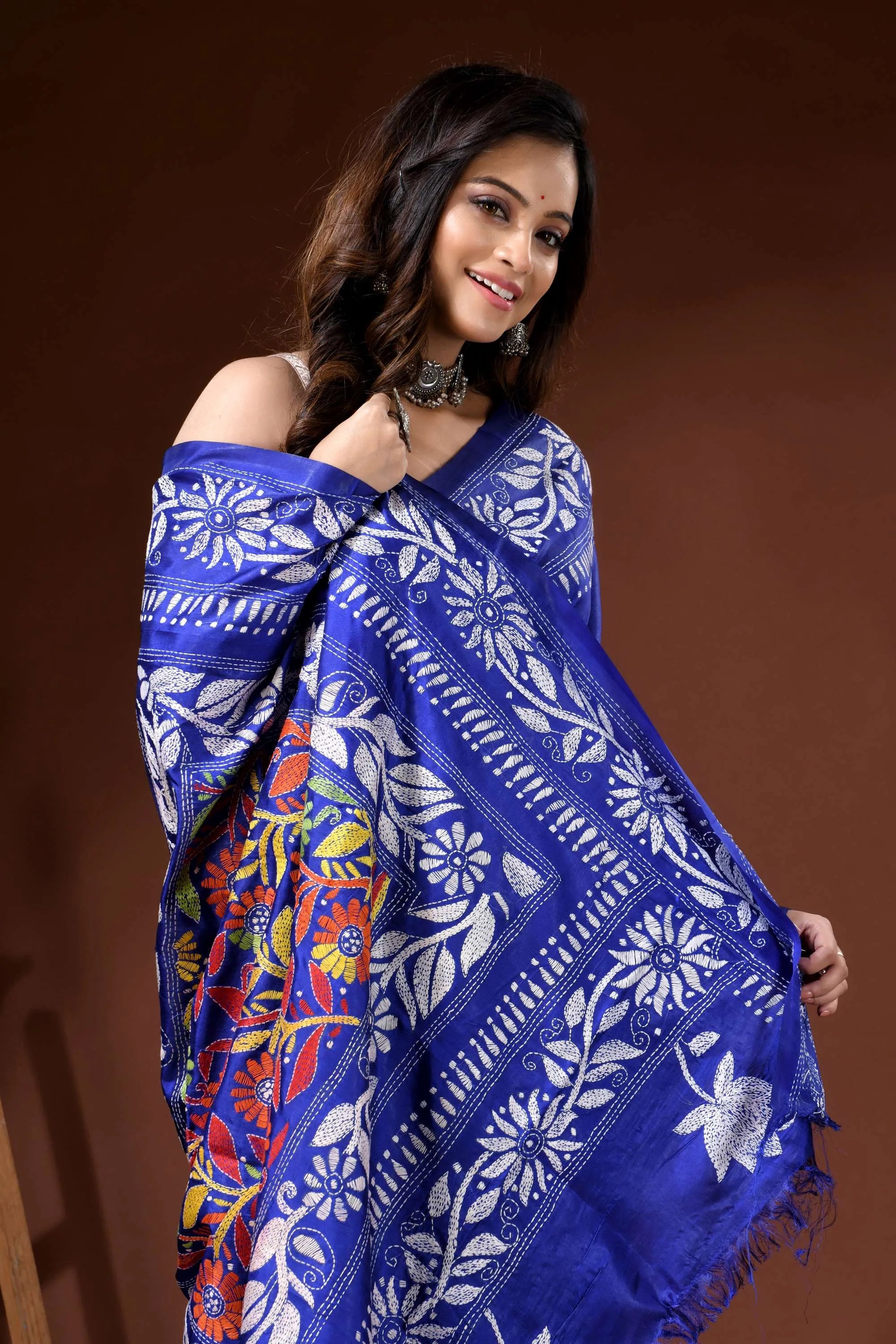 Royal blue silk kantha work saree hand embroidered floral design 2