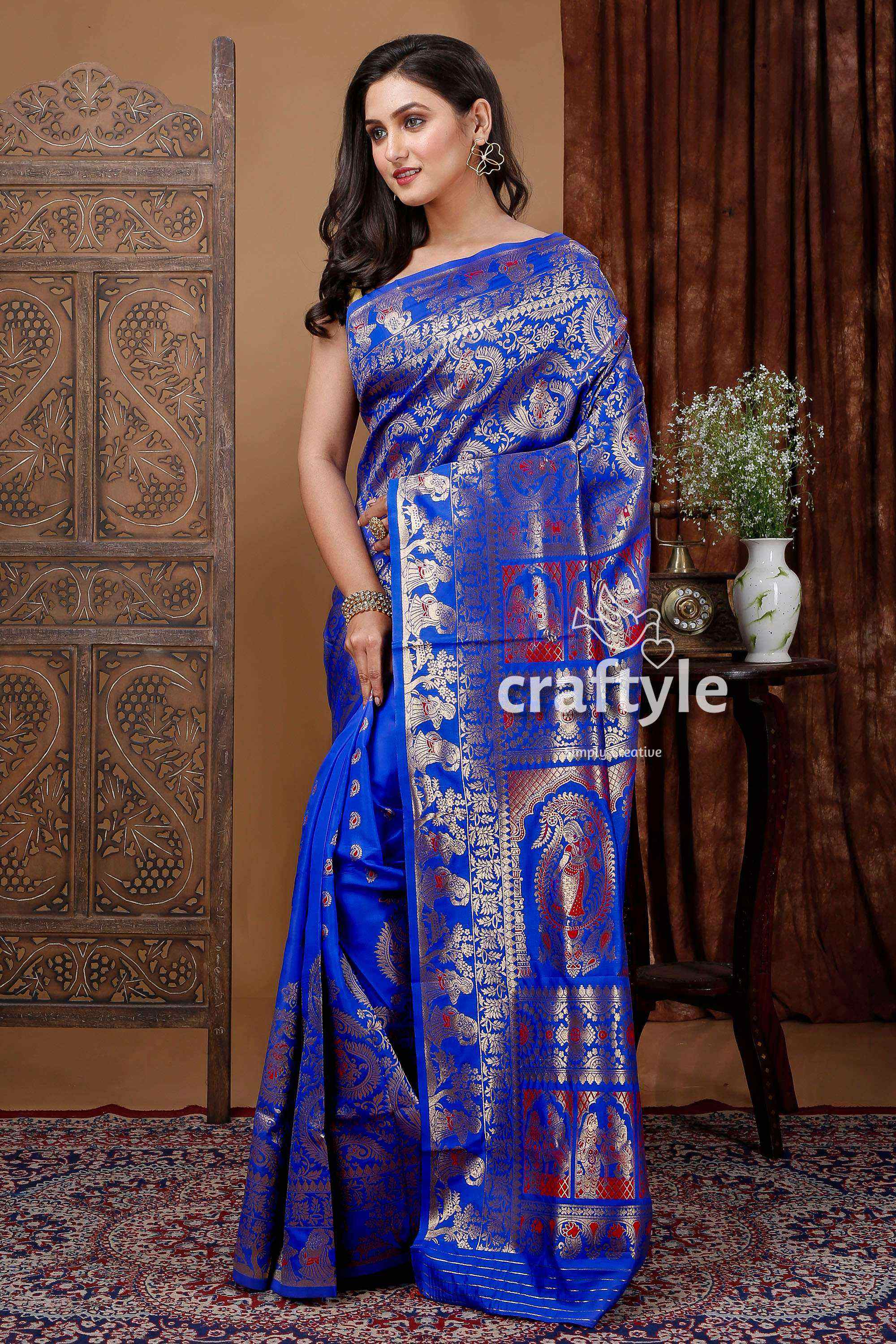 Royal Blue Silk Swarnachari Saree - Golden Zari Meena Work - Luxurious and Elegant - Craftyle