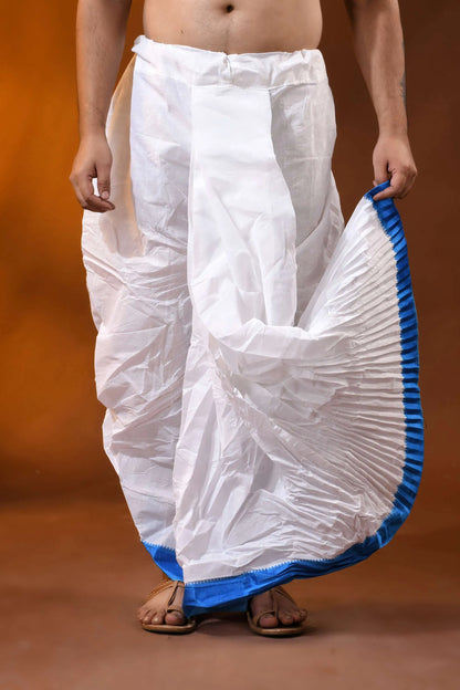 Royal blue temple border mayur puchha pure cotton dhoti - ready to wear 1
