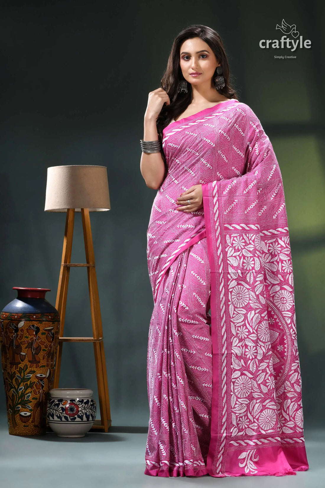 Royal fuchsia and white silk kantha stitch saree pink batik saree white floral 1