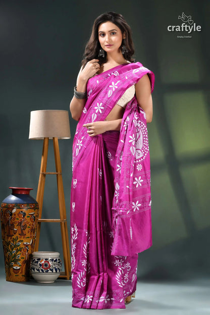 Royal fuchsia fish motif artisanal silk kantha stitch saree pink white floral saree bandhani 5