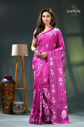 Royal fuchsia fish motif artisanal silk kantha stitch saree magenta floral saree white batik 4