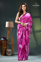 Royal fuchsia fish motif artisanal silk kantha stitch saree magenta floral saree white accents 1