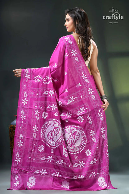Royal fuchsia fish motif artisanal silk kantha stitch saree magenta floral batik saree white 6