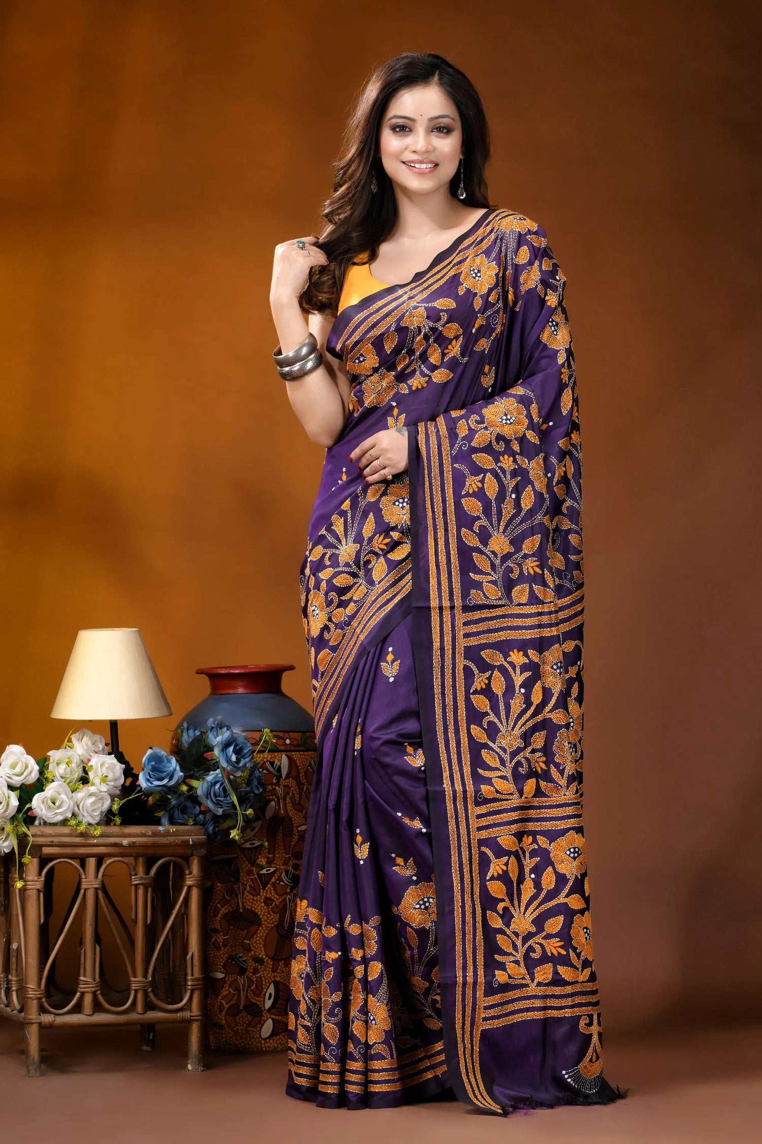 Royal purple floral design handcrafted silk kantha stitch saree rich purple saree intricate golden 1
