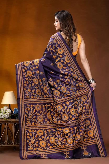 Royal purple floral design handcrafted silk kantha stitch saree rich purple silk saree adorned 4